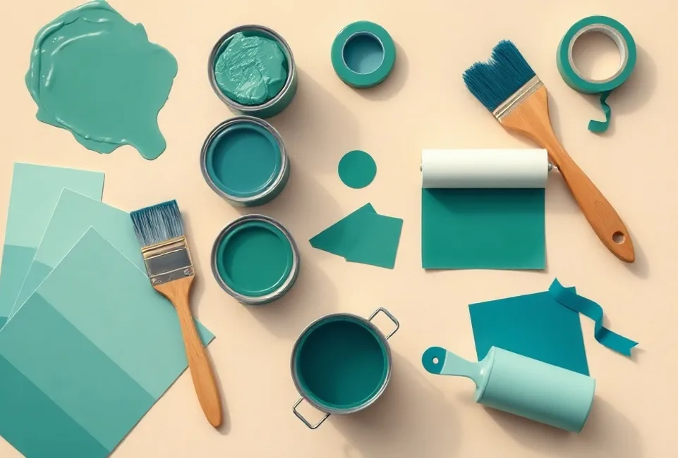 Pots de peinture, nuancier, brosses et rouleaux disposés à plat