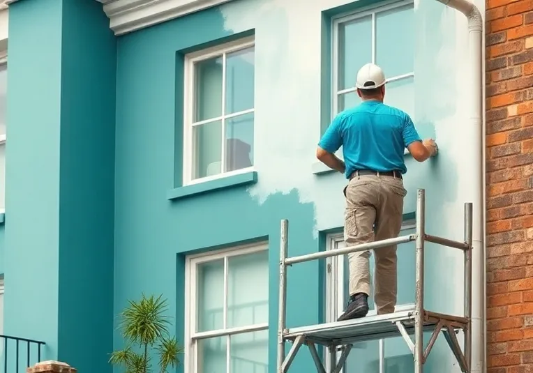 Peintre sur échafaudage traitant la façade d'une maison