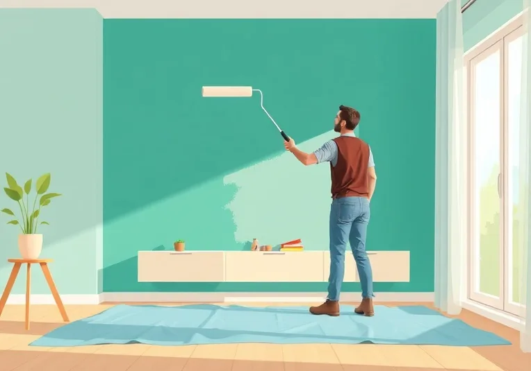 Peintre appliquant la peinture au rouleau sur un mur de salon